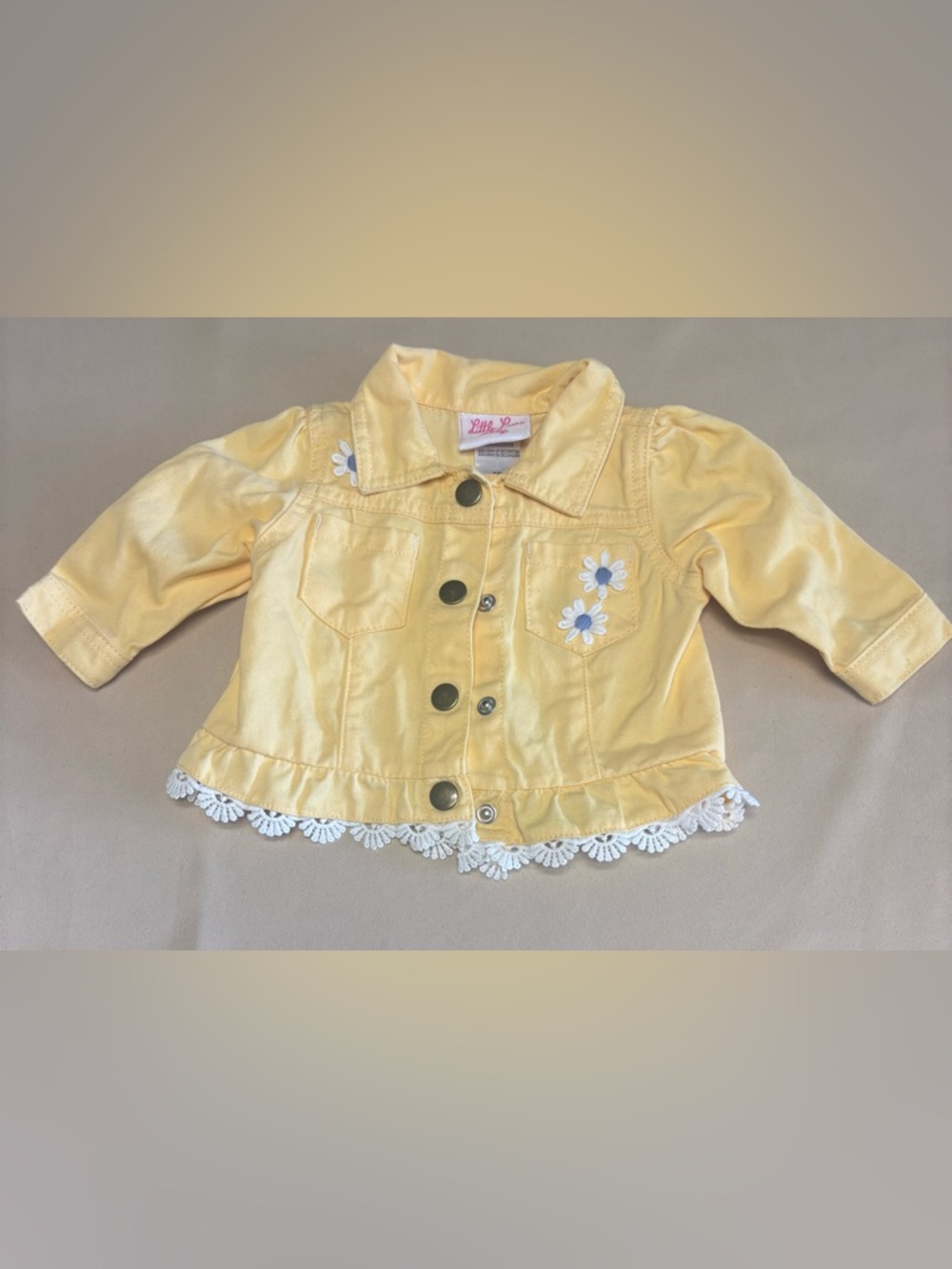 Little Lass Infant Baby Girl Yellow Denim Jacket Size 3/6M Floral Cottagecore